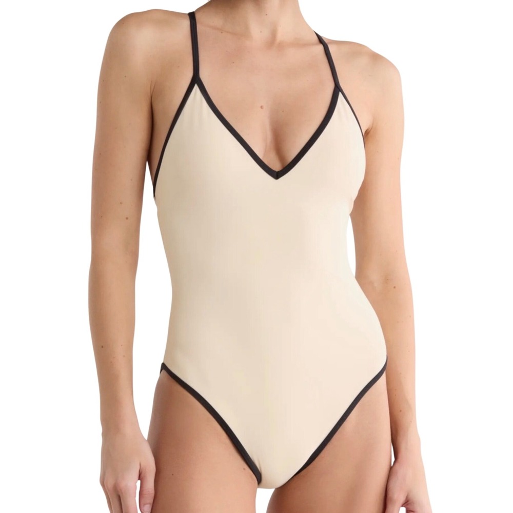 Vince One Piece Swimsuit Womens XL Ecru Blk Contrast Trim Minimalist Resortwear